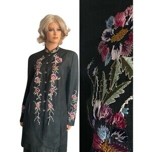 Vtg Embroidered Floral Jacket Blazer Silk Blend M Women’s Banded Collar Black